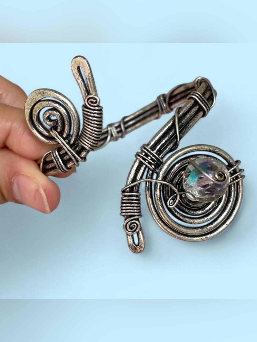 Artisan Wire-Wrapped Toggle Necklace Clasp with Aurora Crystal Accent - Silver